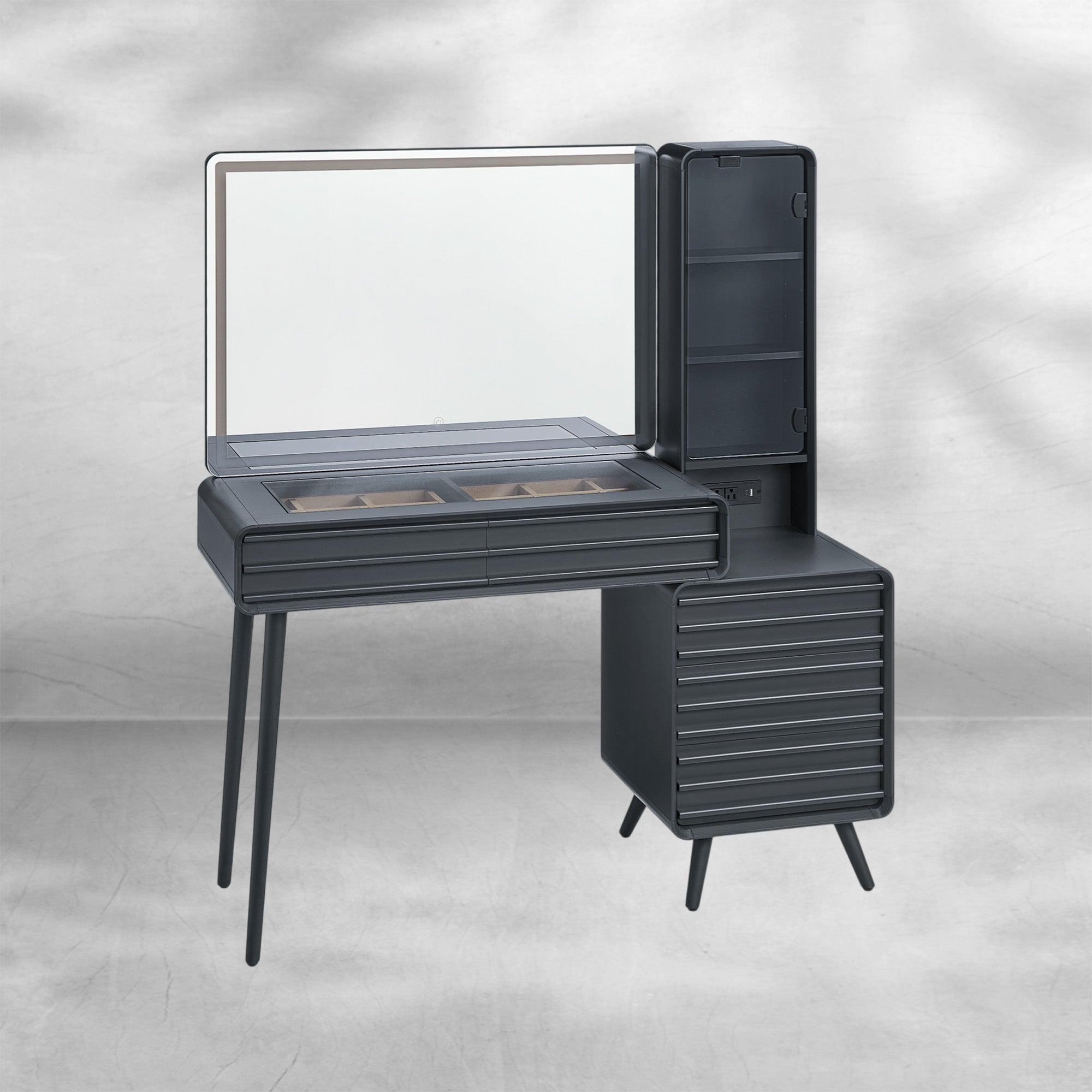 Fluted Makeup Vanity Desk with Lighted Mirror and Charging Station
