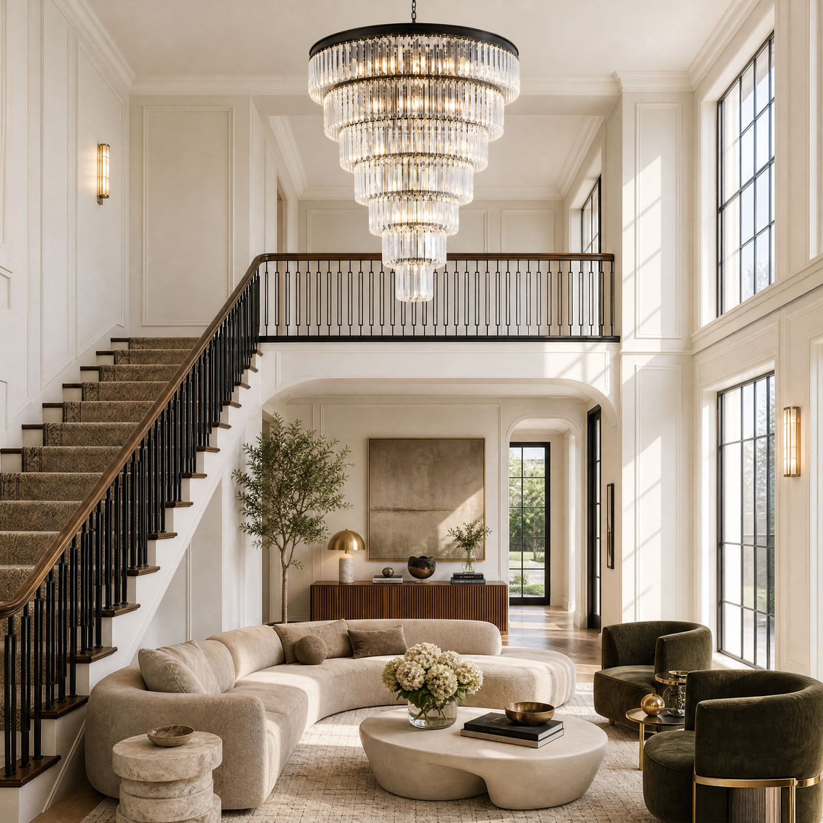 Striped Crystal Tower Round Pendant - Black