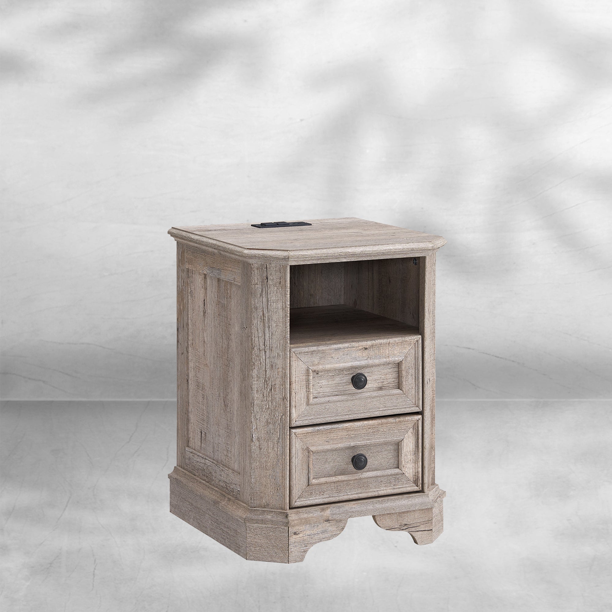 Farmhouse Nightstand with Charging Station Wood End Table Bedside Cabinet