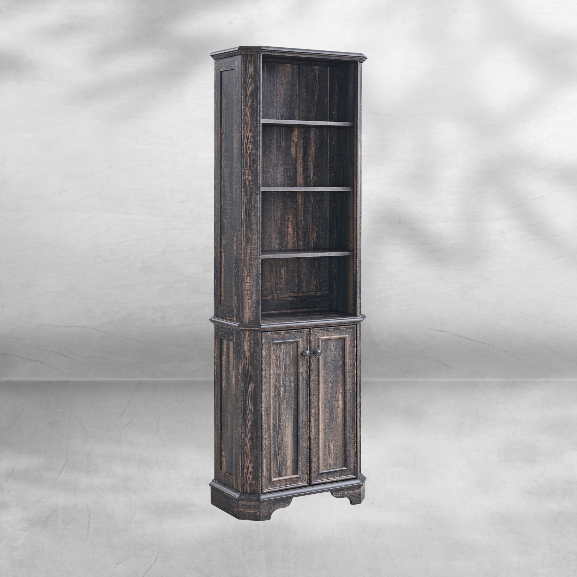 Rustic Oak 6-Tier Bookshelf with Doors and Adjustable Shelves