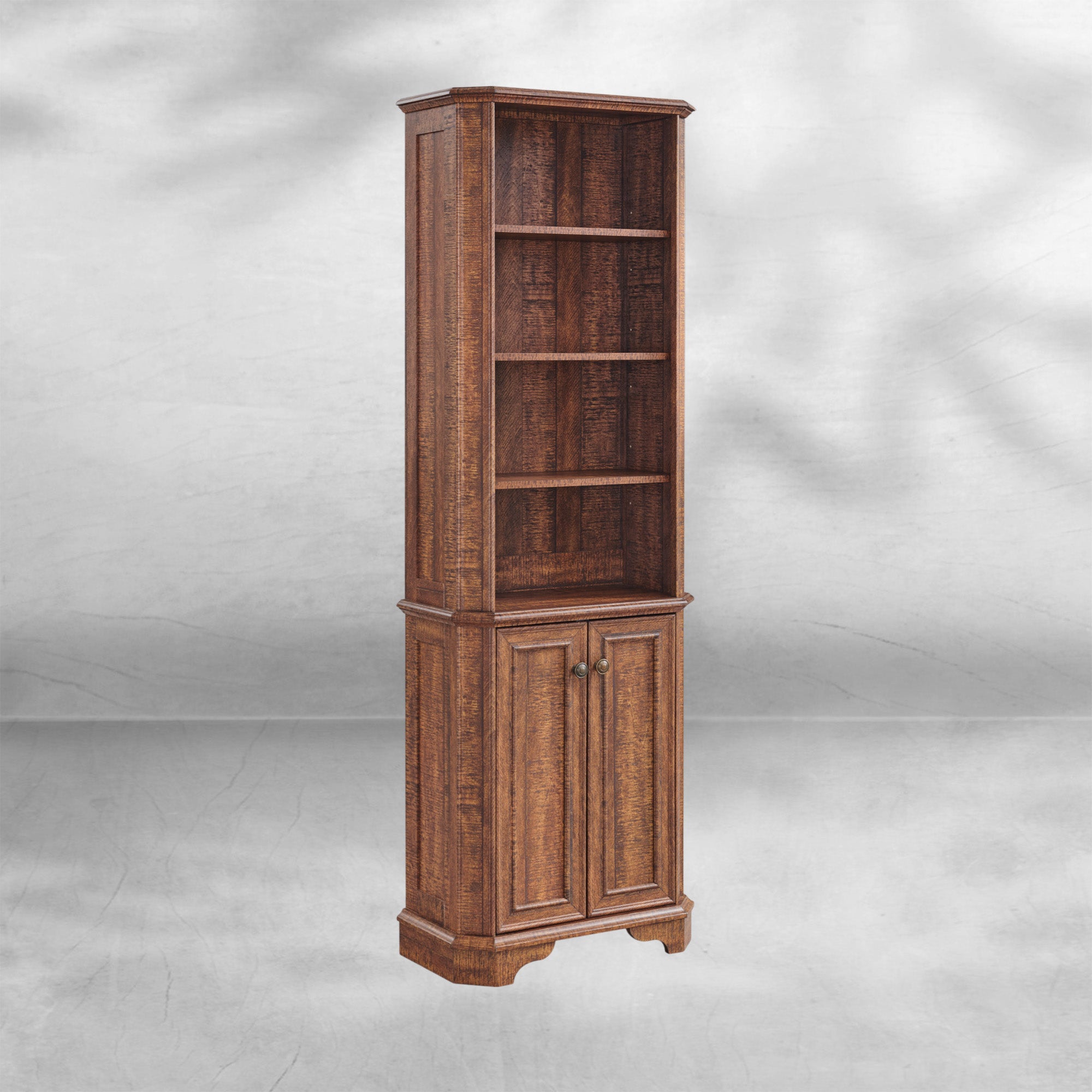 Rustic Oak 6-Tier Bookshelf with Doors and Adjustable Shelves