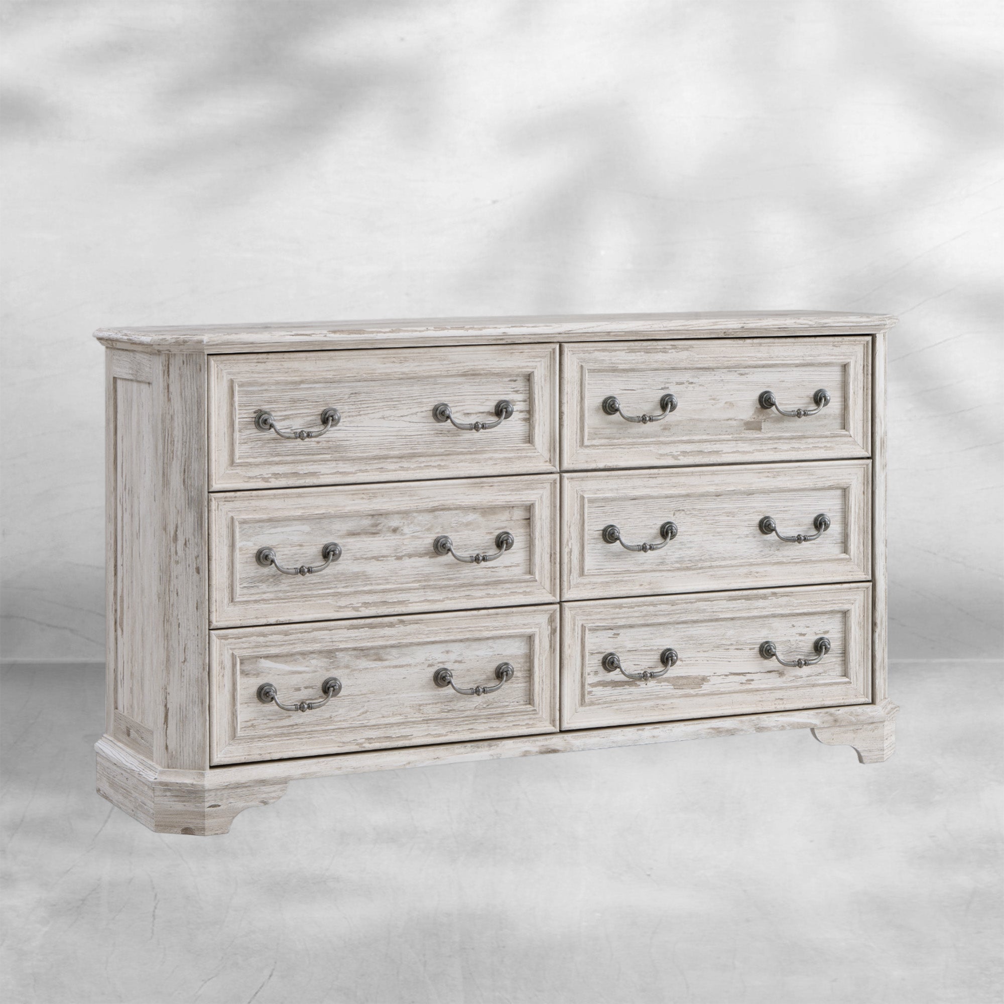 Wide Rustic Farmhouse 6-Drawer Dresser | Distressed White Wood