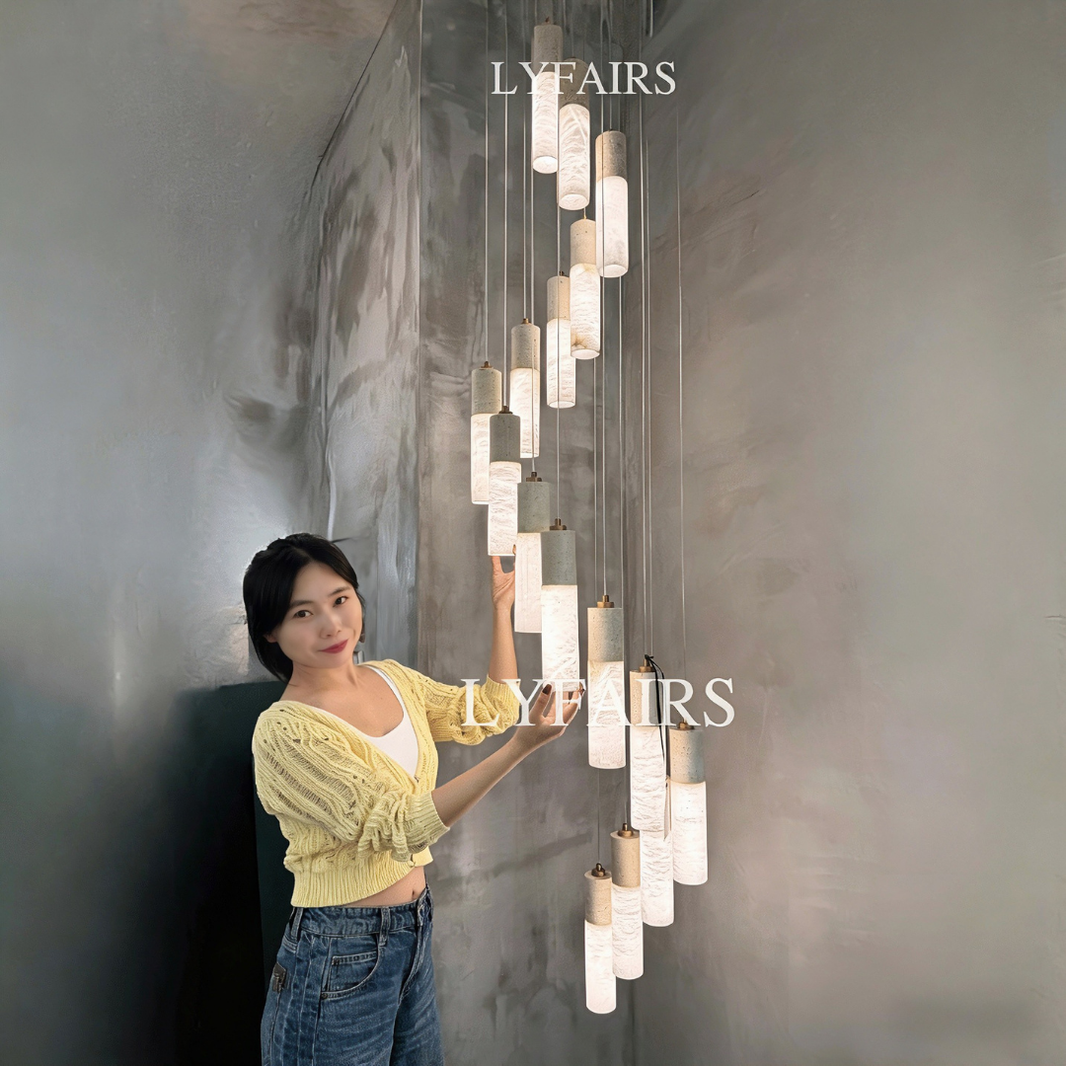 Wabi-Sabi Travertine & Alabaster Tube Chandelier