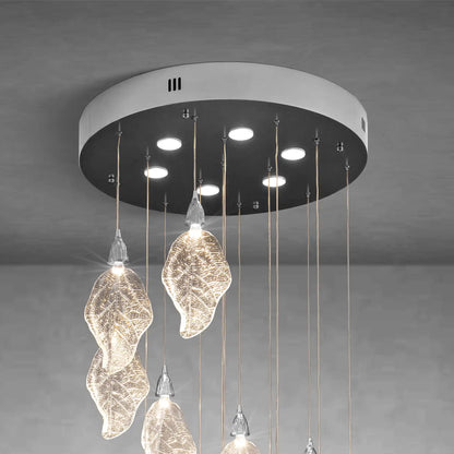 Silver Bionic Leaf 20-Light LED Chandelier for High Ceilings