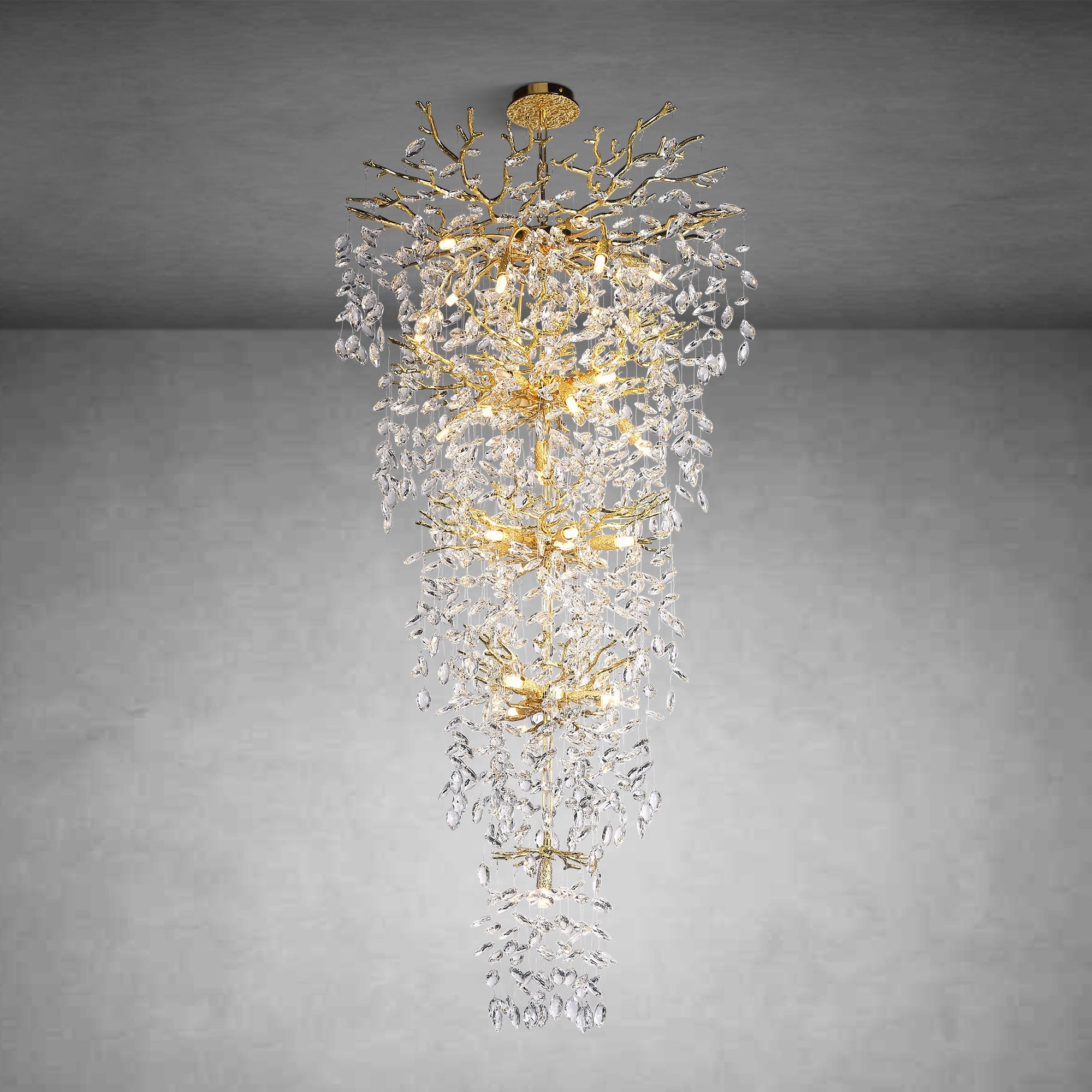 63-inch long crystal chandelier, 28-light modern gold branch chandelier