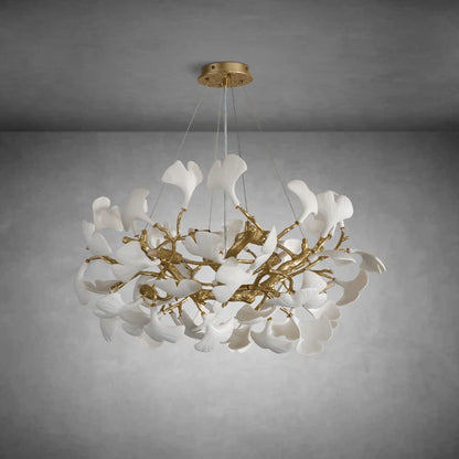 Gold Tree Branch Round Ceramic Ginkgo Leaf Chandelier 32in
