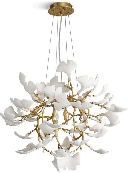 Gold Round Ceramic Ginkgo Leaf Chandelier 21.6"