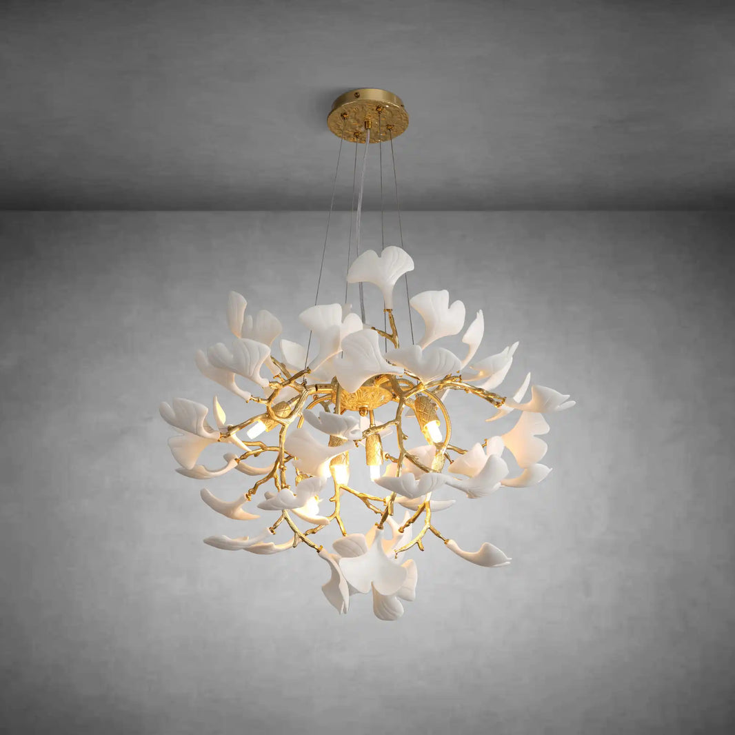 Gold Round Ceramic Ginkgo Leaf Chandelier 21.6"