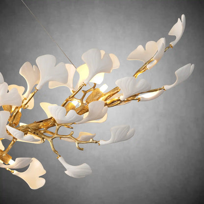 Modern Gold Tree Branch Chandelier for Dining Room, 55-inch Rectangle Ceramic Ginkgo Leaf Chandelier