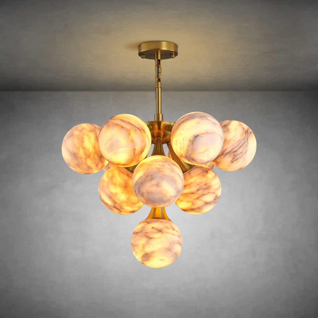 Modern 10-Light Chandelier, Gold Alabaster Globe Pendant Light, Adjustable for Sloped Ceiling, Dimmable Farmhouse Chandelier