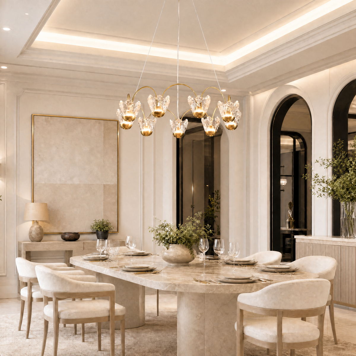 Contemporary Chandelier Dining Room in a foyer