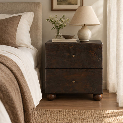 Burl Wood Bedside Table with Brass Accents