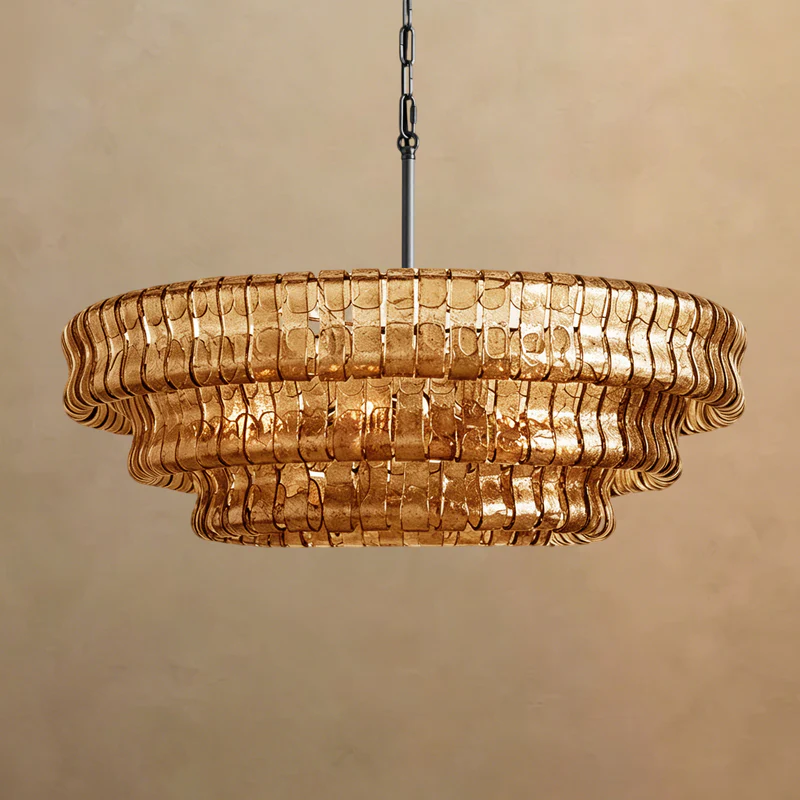 Ghiaccio round chandelier in black with amber glass shades