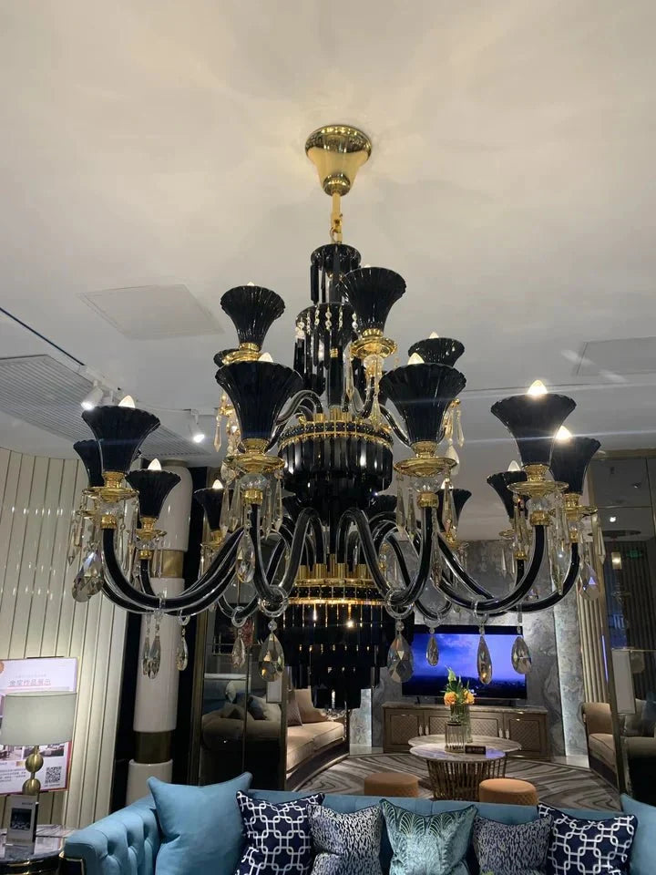 American Traditional Branch Crystal Chandelier with Candle Design in Black and Gold