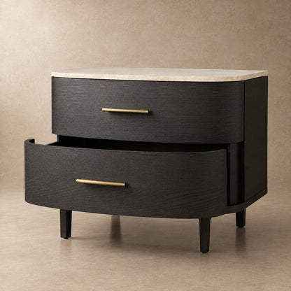 Two-Drawer Marble Top Bedside Table With Brass Pulls