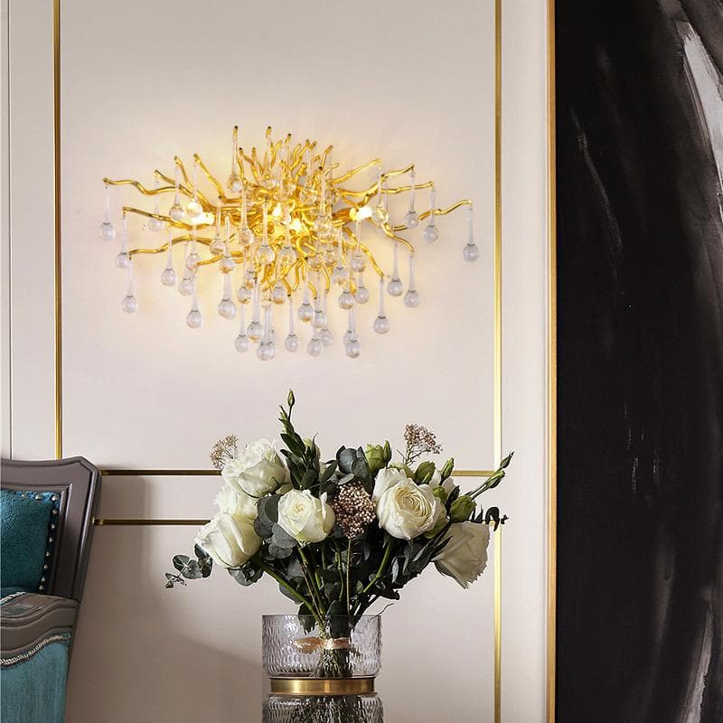 Gold Crystal Teardrop Wall Sconce with Bifurcated Design