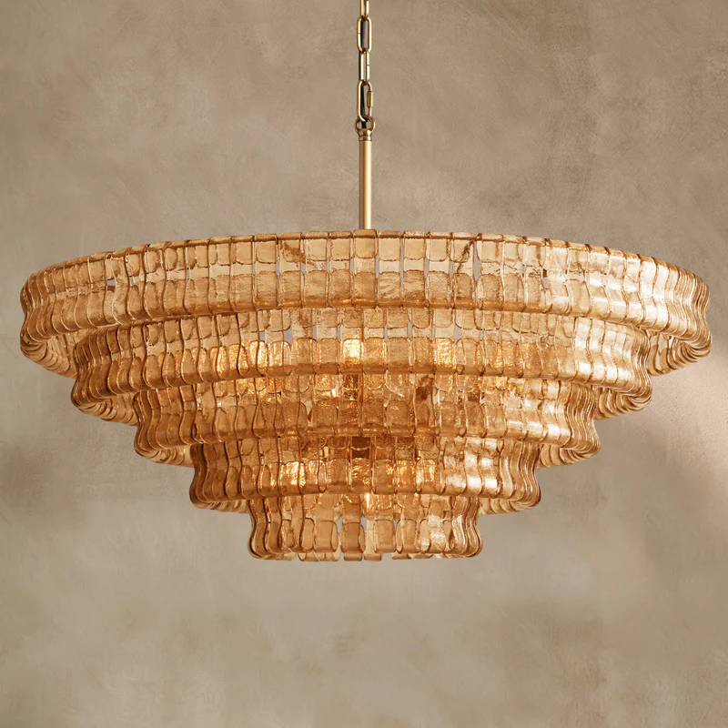 Ghiaccio round chandelier in brass with amber glass, wide five-tier profile