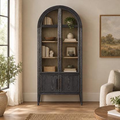 Tall Oak Display Cabinet with Glass Doors