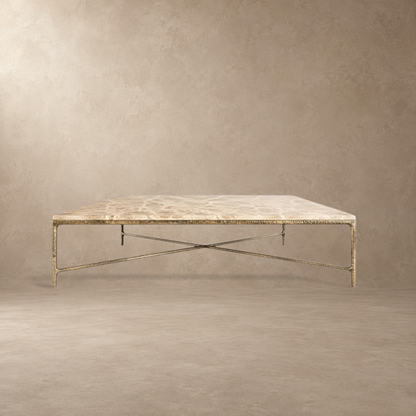 Happyarcadian Square Hammered Metal and Marble Coffee Table