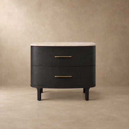 Two-Drawer Marble Top Bedside Table With Brass Pulls