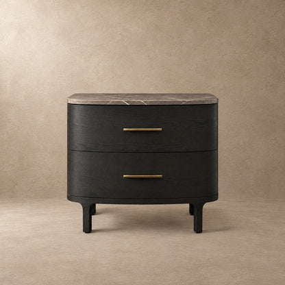Two-Drawer Marble Top Bedside Table With Brass Pulls