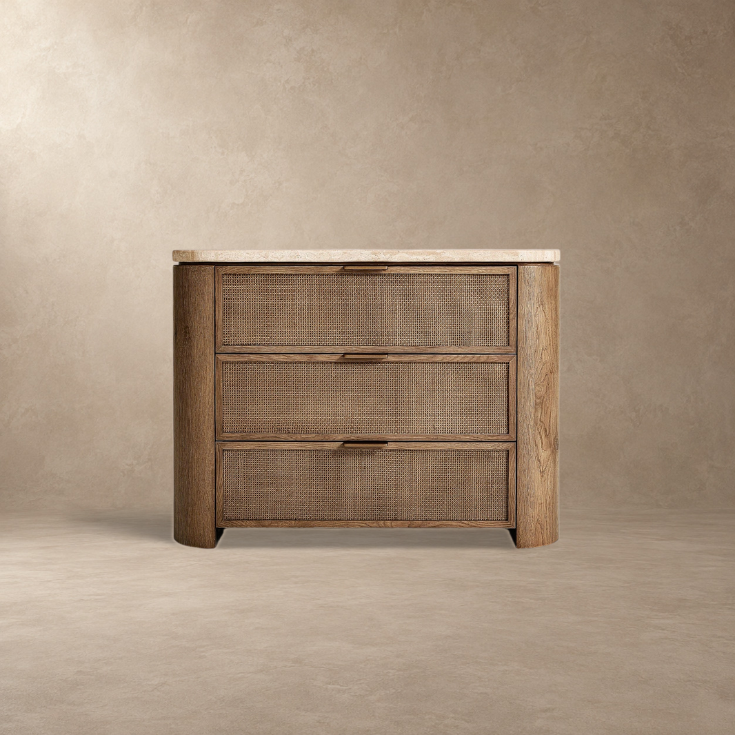 Happyarcadian Travertine Top Oak Bedside Table