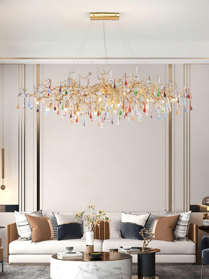 Colorful Raindrop Brass Branch Chandelier with Crystal Accents