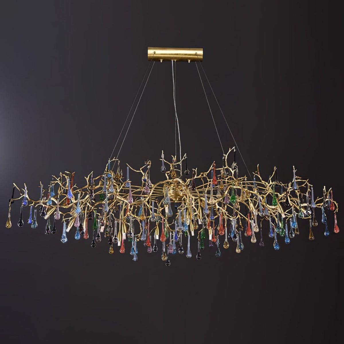 Colorful Raindrop Brass Branch Chandelier with Crystal Accents