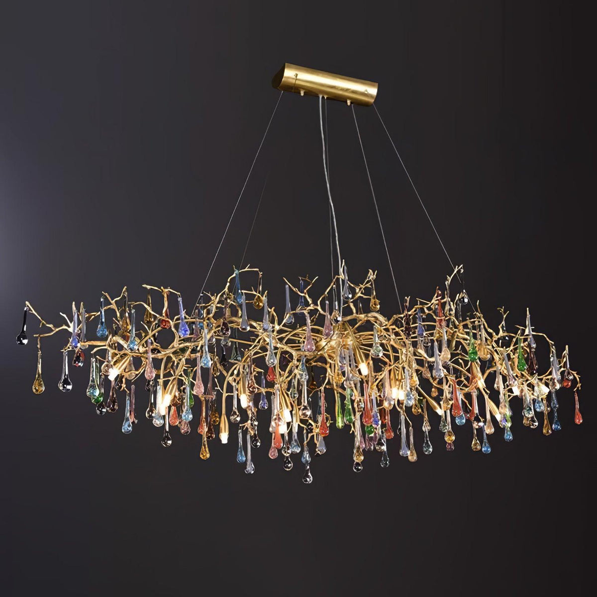 Colorful Raindrop Brass Branch Chandelier with Crystal Accents