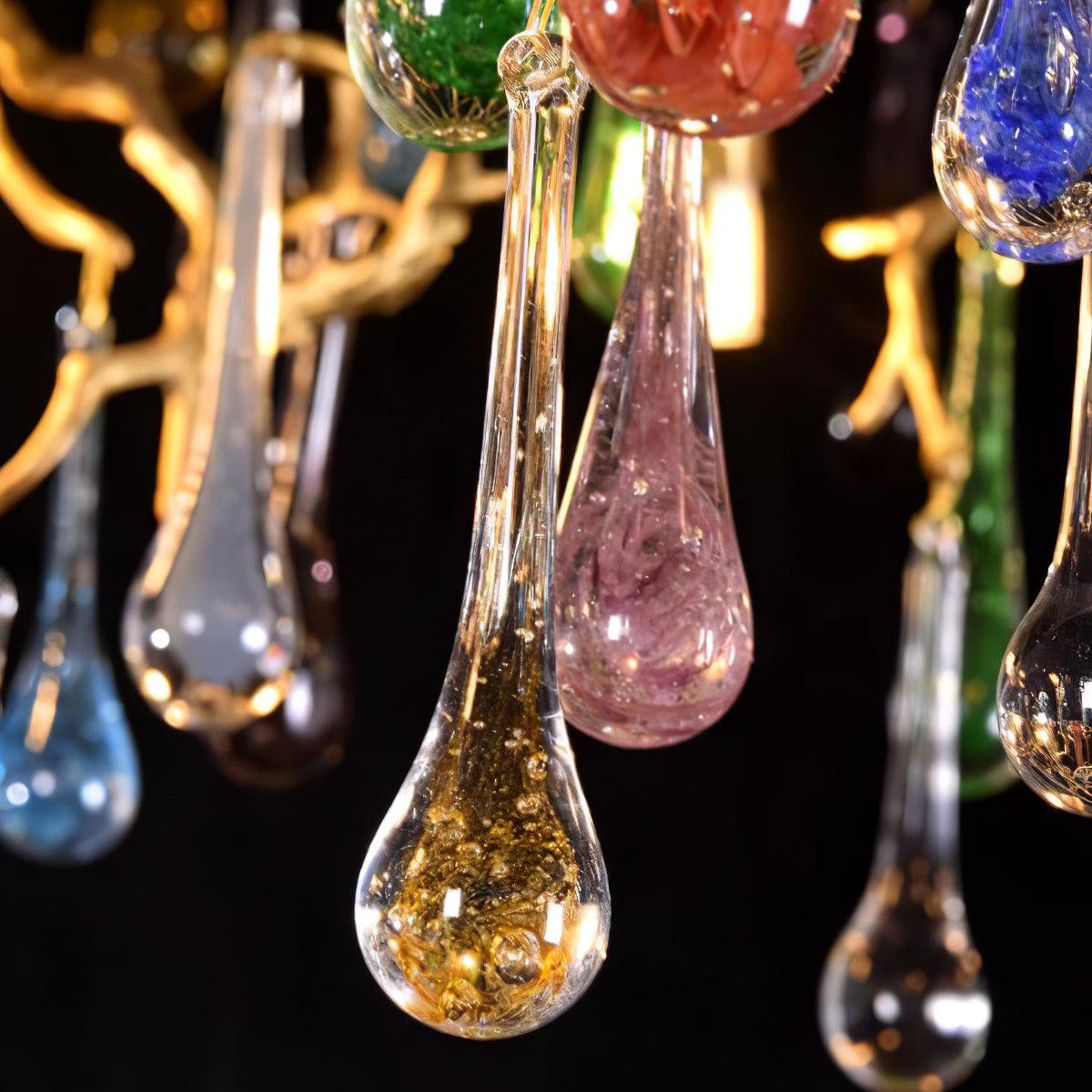 Colorful Raindrop Brass Branch Chandelier with Crystal Accents