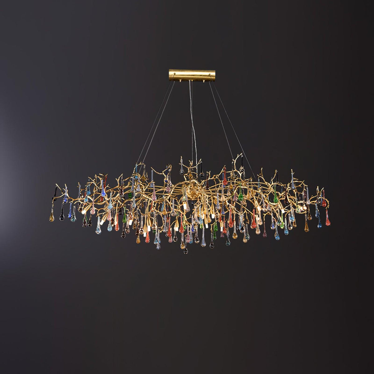 Colorful Raindrop Brass Branch Chandelier with Crystal Accents