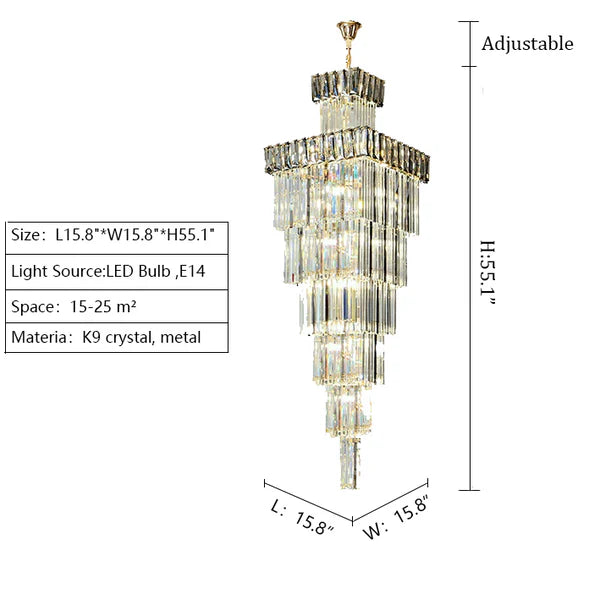 Decorative Large Vertical Crystal Staircase Chandelier Foyer Ceiling Light Fixture Lamp In Gray/ Amber Brim