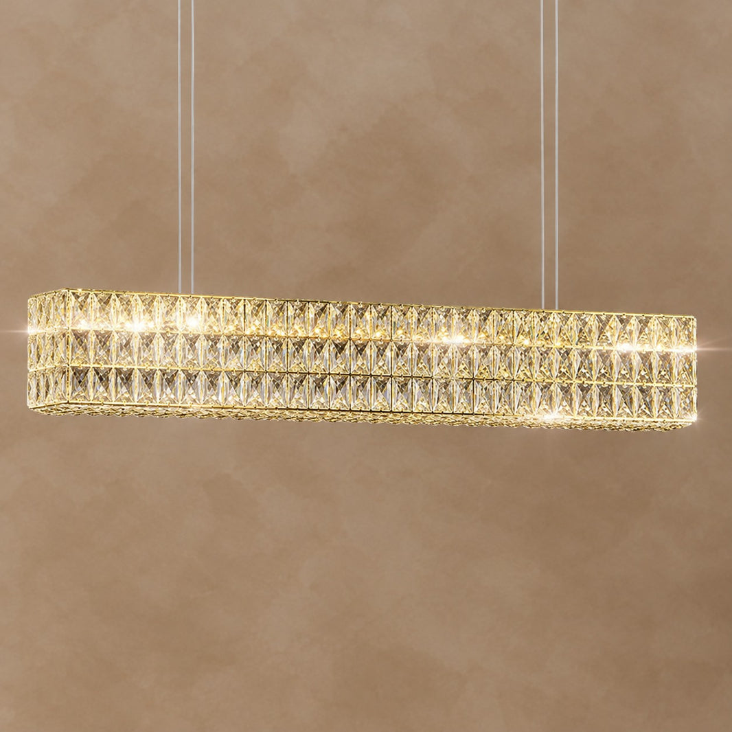 Decorative Rectangle Cube Crystal Pendant Chandelier For Dining Room Luxury Hanging Light Fixture In Gold Finish