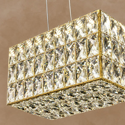 Decorative Rectangle Cube Crystal Pendant Chandelier For Dining Room Luxury Hanging Light Fixture In Gold Finish