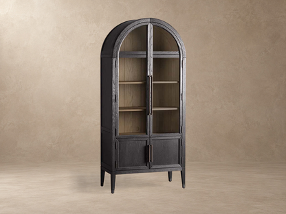 Tall Oak Display Cabinet with Glass Doors