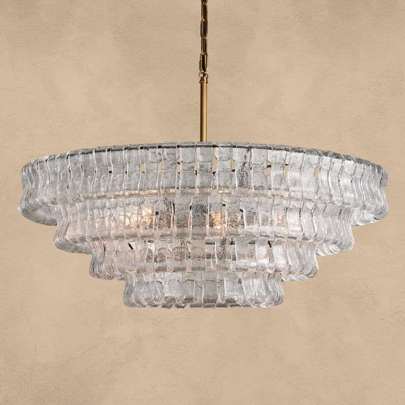 Givrelle round chandelier with clear ice-glass shades, studio three-quarter view