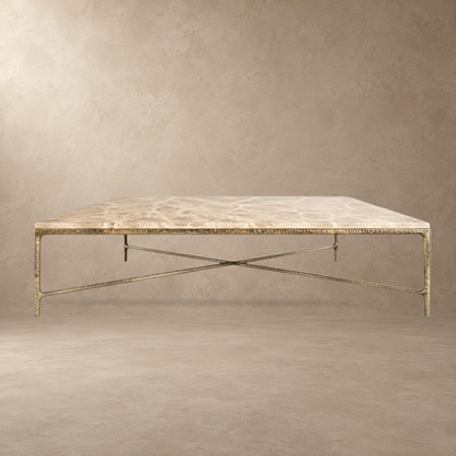 Happyarcadian Square Hammered Metal and Marble Coffee Table