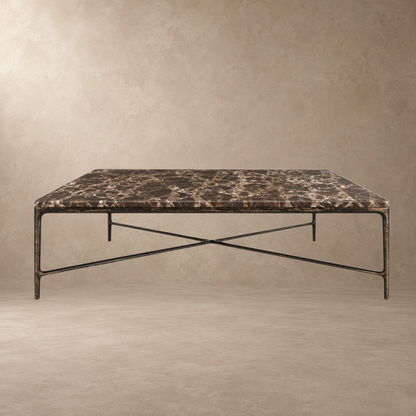 Happyarcadian Square Hammered Metal and Marble Coffee Table