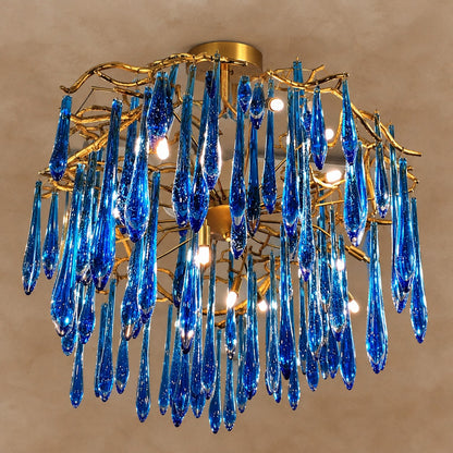 Elegant Blue Colored Branch Crystal Drops Chandelier for Dining Room