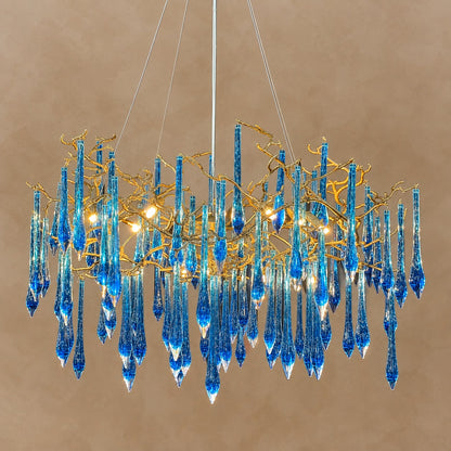 Elegant Blue Colored Branch Crystal Drops Chandelier for Dining Room
