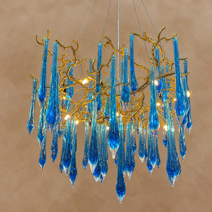 Elegant Blue Colored Branch Crystal Drops Chandelier for Dining Room