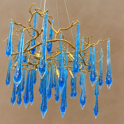 Elegant Blue Colored Branch Crystal Drops Chandelier for Dining Room