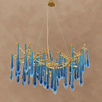 Elegant Blue Colored Branch Crystal Drops Chandelier for Dining Room