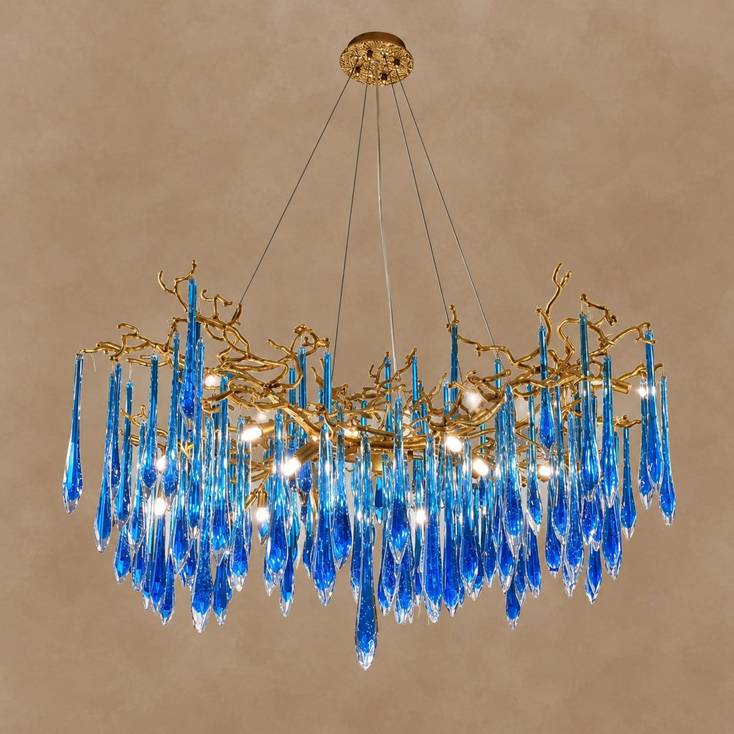 Elegant Blue Colored Branch Crystal Drops Chandelier for Dining Room