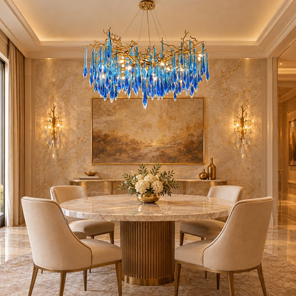 Elegant Blue Colored Branch Crystal Drops Chandelier for Dining Room