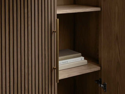 Tall Reeded Oak Storage Cabinet with Doors