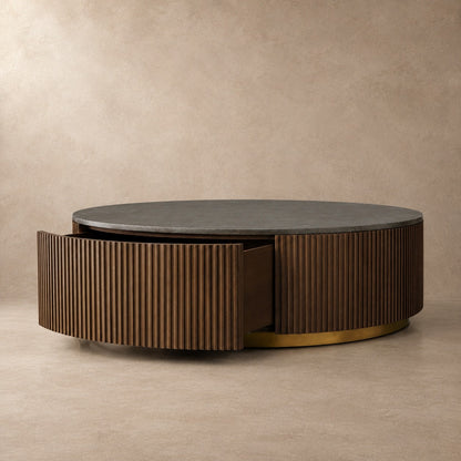 Happyarcadian Stone Top Round Storage Coffee Table