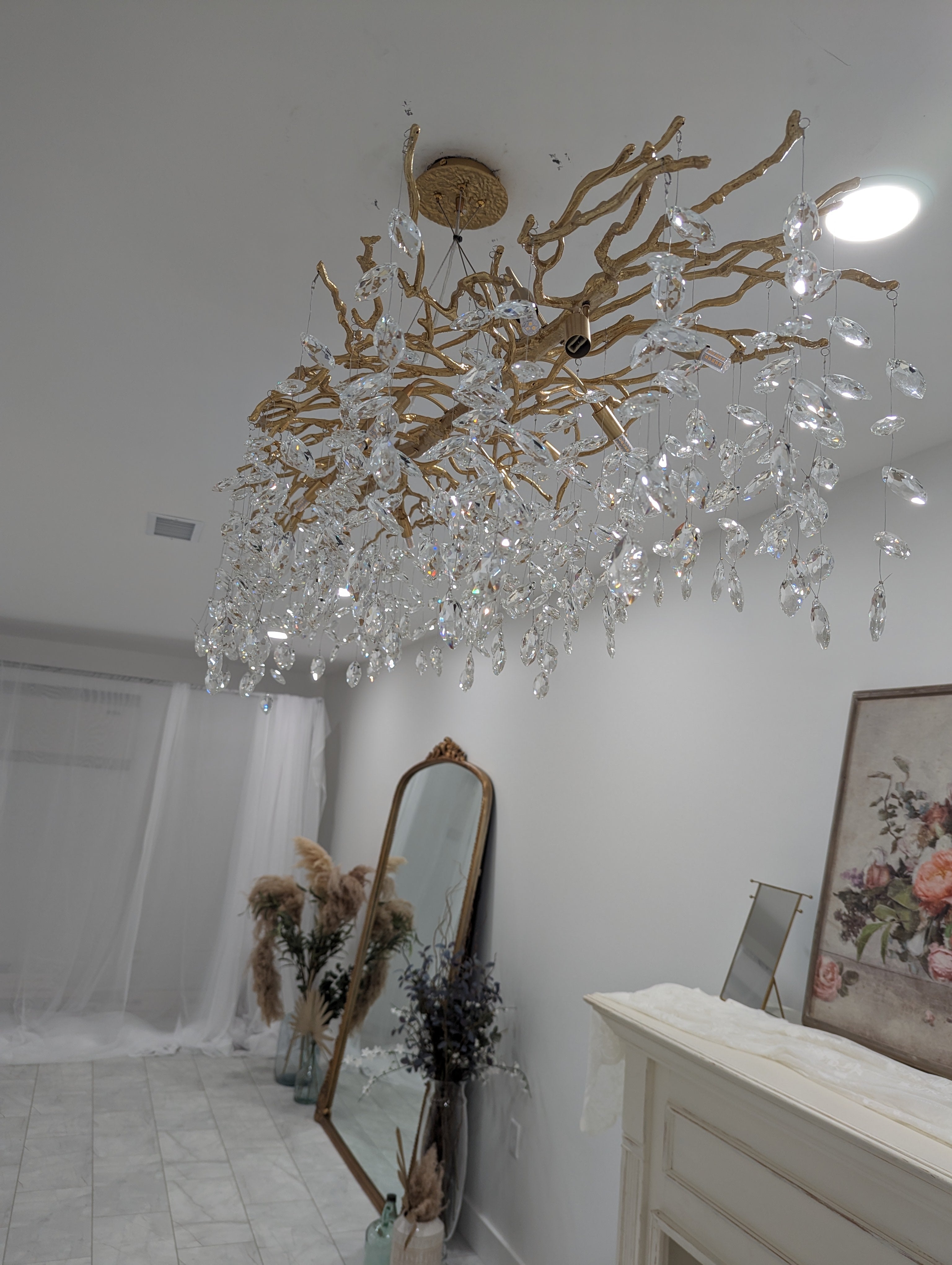 French Branch Crystal Chandelier with Elegant Crystal Leaves