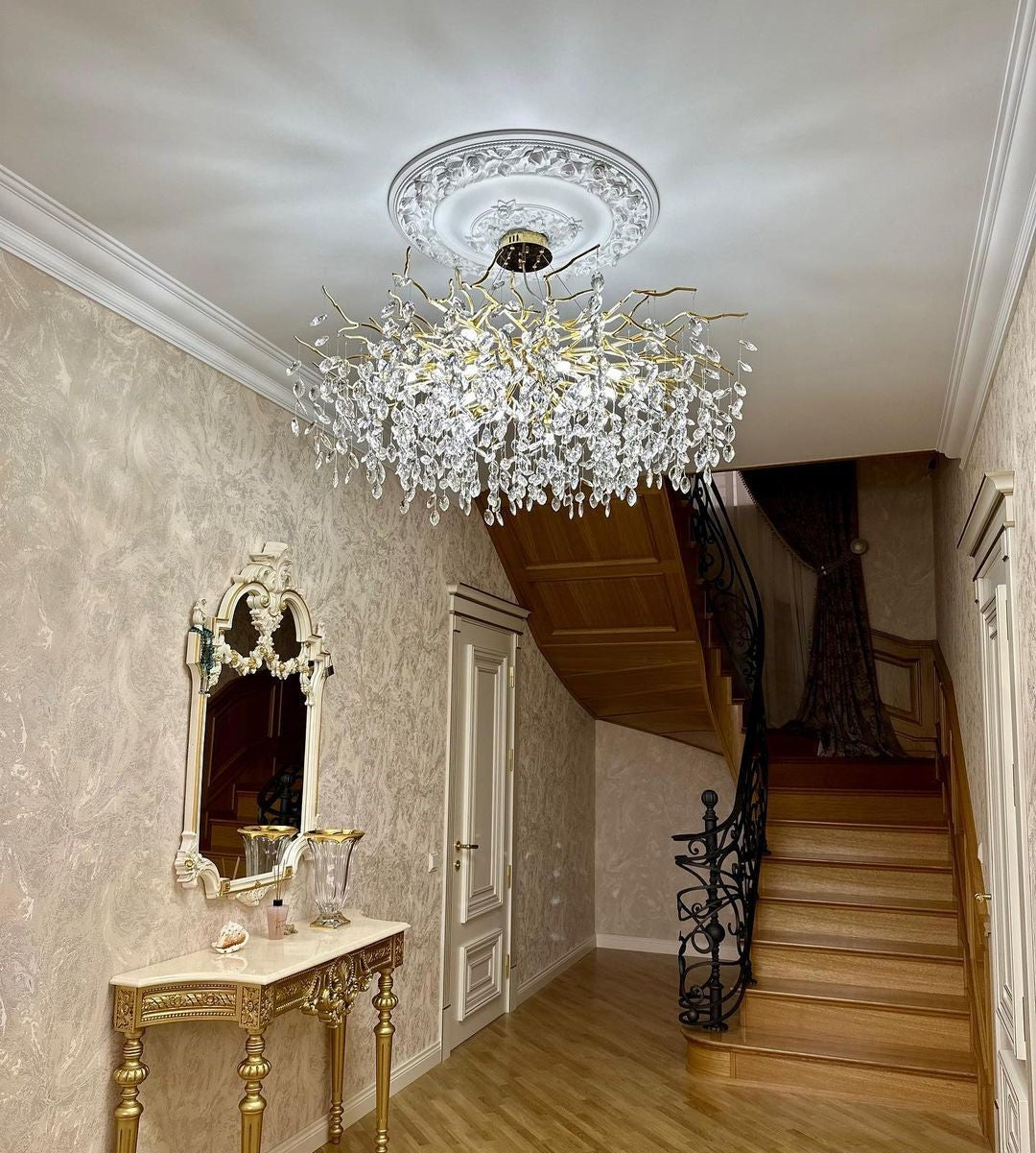 French Branch Crystal Chandelier with Elegant Crystal Leaves