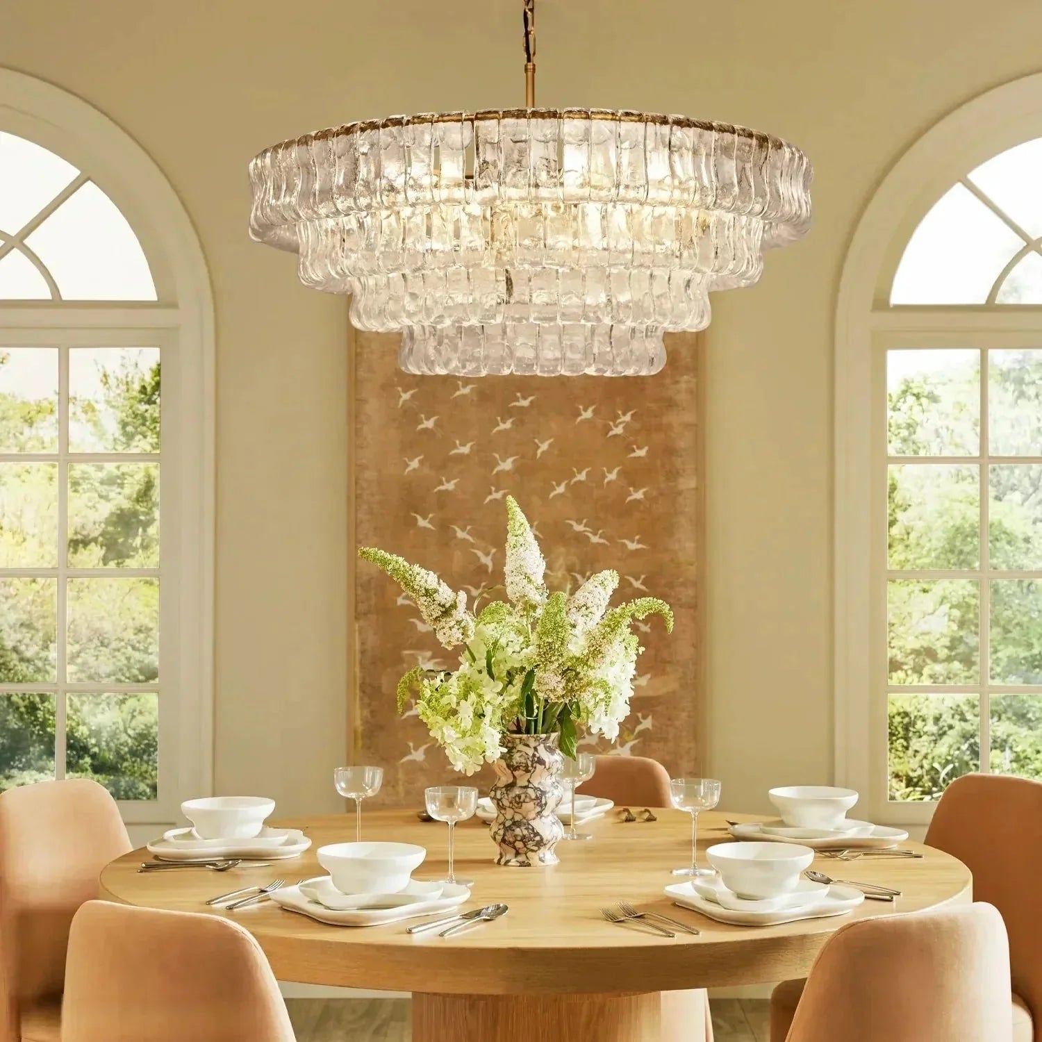 Ghiaccio Glass Round Chandelier 24" 36" 48" 60" - 3 - Tier 24"BronzeSmokeBlushlighting
